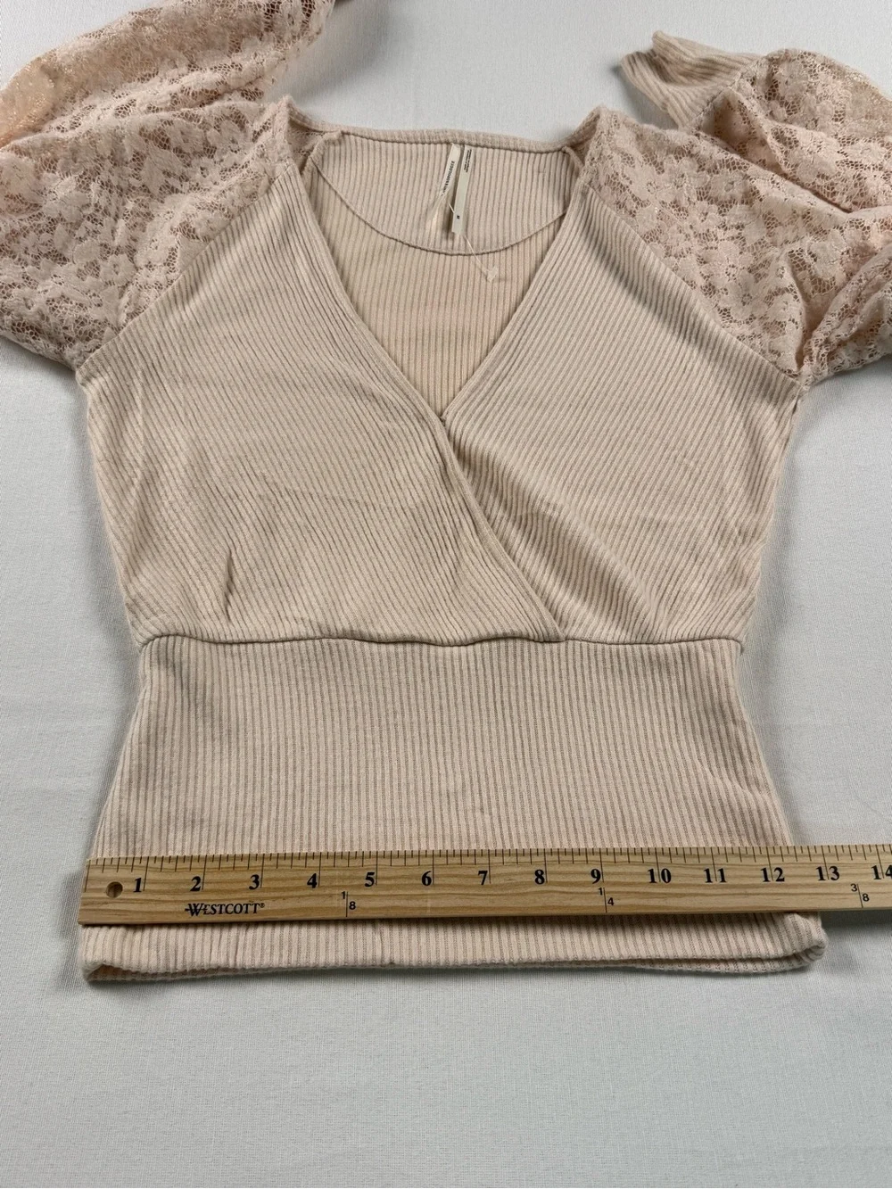 Anthropologie Lace-Sleeve Ribbed Wrap Top - Cream